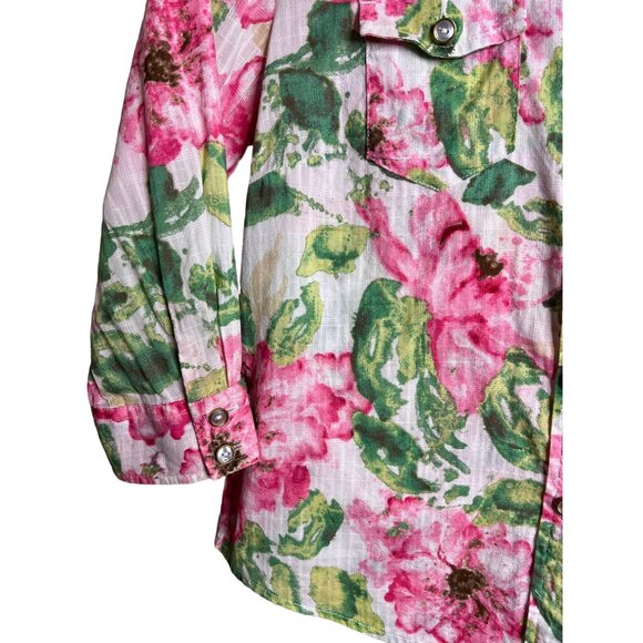 Karen Scott Petites P Floral Button-Up Shirt Pockets Flowers Cotton 3/4 Sleeves - Picture 6 of 12